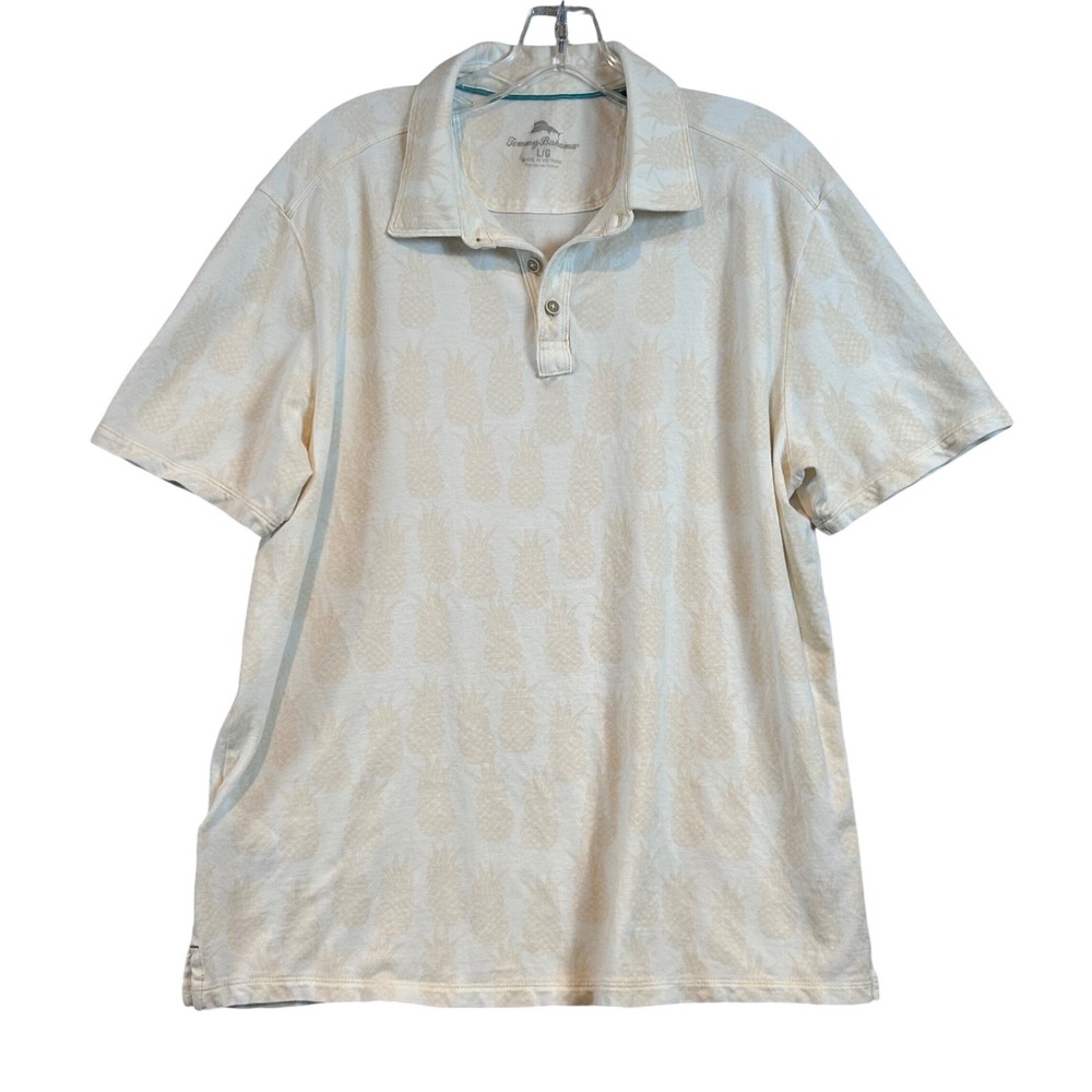 Tommy Bahama Mens Large Polo‎ Shirt Cream Tan Pineapple Jacquard Tropical Marlin